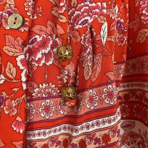 Bohemian Outsider Red Floral Striped Button Down Tie Neck Flowy Top Woman’s Sz M - Picture 4 of 10